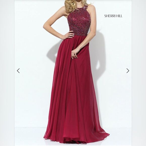 Sherri Hill Beaded Halter Back Fit & Flare Burgundy Ball Gown Size 18 - Picture 1 of 13